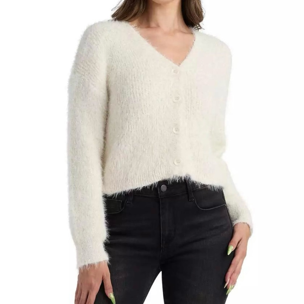 BCX Fuzzy Knit Cardigan Sweater XL Ivory Cream Gold Fleck Soft Cozy Cropped
